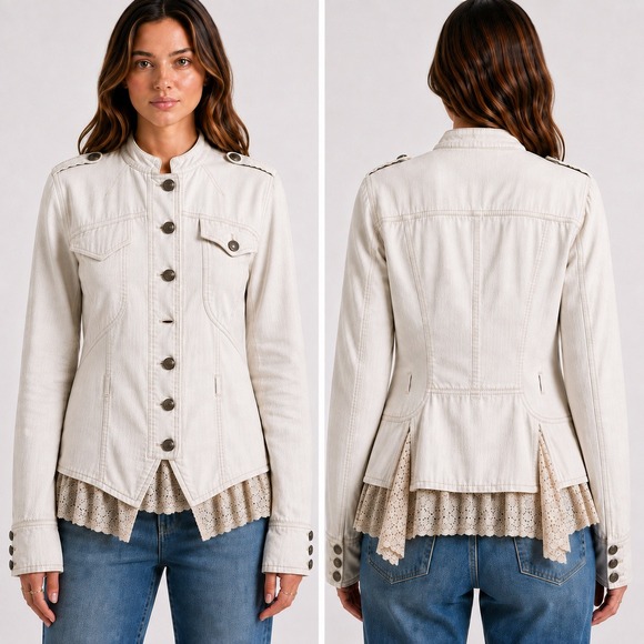 Free People Jackets & Blazers - Free People Cream Linen Blend Lace Trim Military‎ Peplum Jacket XS